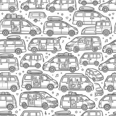 Get ready for a road trip with this delightful seamless pattern featuring a variety of minivans. This unique coloring page is perfect for vehicle enthusiasts and anyone who loves detailed, repeating designs.