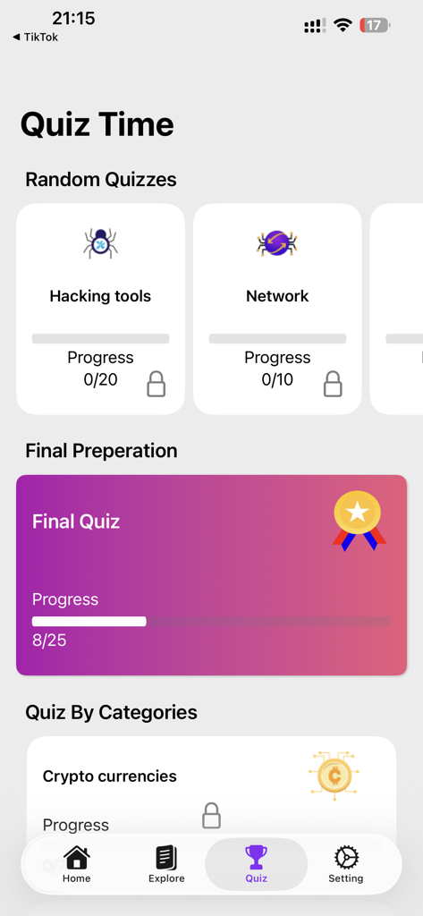 Learn Linux Commands - Dashboard of the Learn Linux Commands app featuring quizzes for hacking tools networking and cryptocurrency