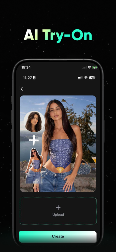 Smartphone screen showing the AI Try-On feature in the Guma-Ai app for virtual fashion testing