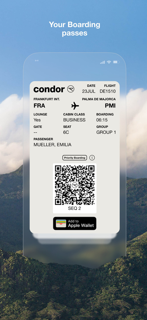 Carta d'imbarco digitale Condor Airlines sullo schermo di uno smartphone con dettagli del volo e pulsante Aggiungi ad Apple Wallet