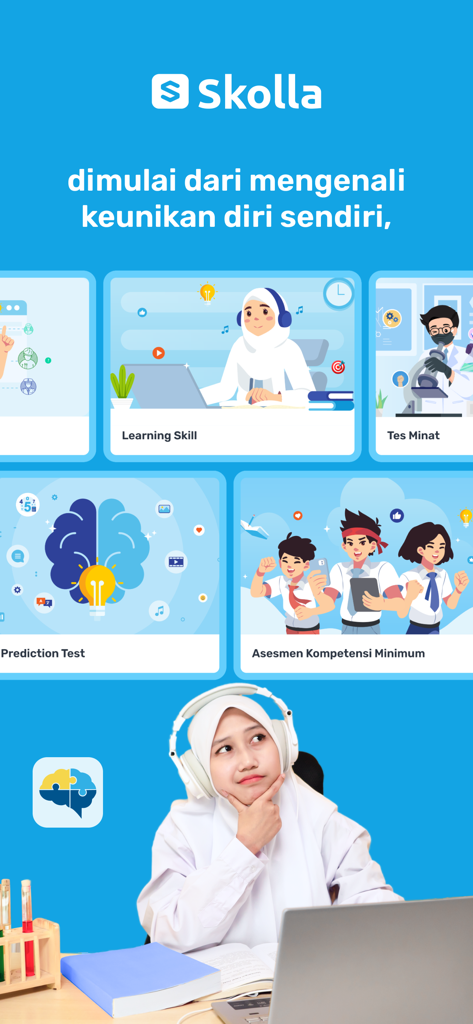 Interface do aplicativo de aprendizado Skolla apresentando módulos de estudo e um aluno usando um laptop