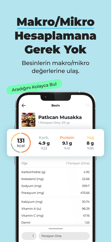 Interface do aplicativo Diyetkolik exibindo detalhes de calorias e macronutrientes para um prato mediterrâneo
