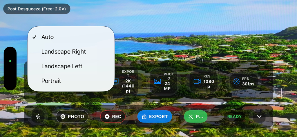 AnamorphicDesqueezer - AnamorphicDesqueezer app interface showing orientation settings menu and filming metadata over a coastal landscape view