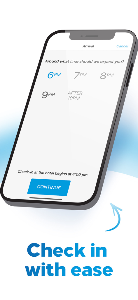 Interface do aplicativo Hilton Honors para selecionar o horário de chegada durante o check-in móvel