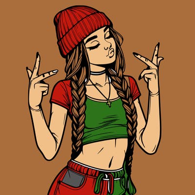 realistic teenage girl with braids and a beanie and crop top doing 🫶🏼