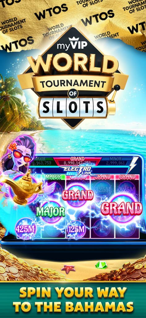 myVEGAS Slots World Tournament of Slots promotional banner featuring a tropical beach and the slogan spin your way to the Bahamas