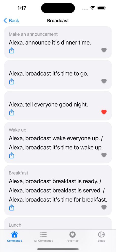 Voice commands for Alexa - Interface of the Alexa voice commands app showing a list of broadcast phrases for household announcements like dinner time and wake up