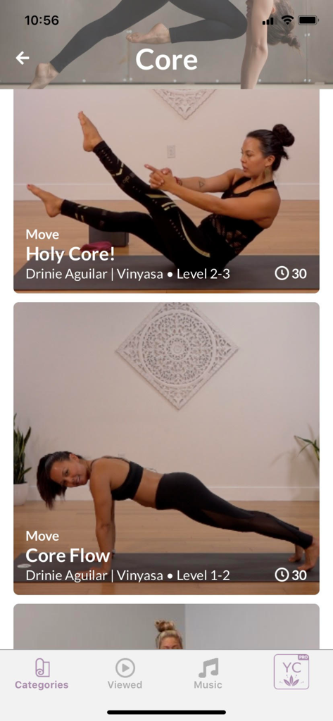 Yoga Time: For Beginners & All - Yoga Time app interface showing core vinyasa yoga classes for beginners and intermediate levels