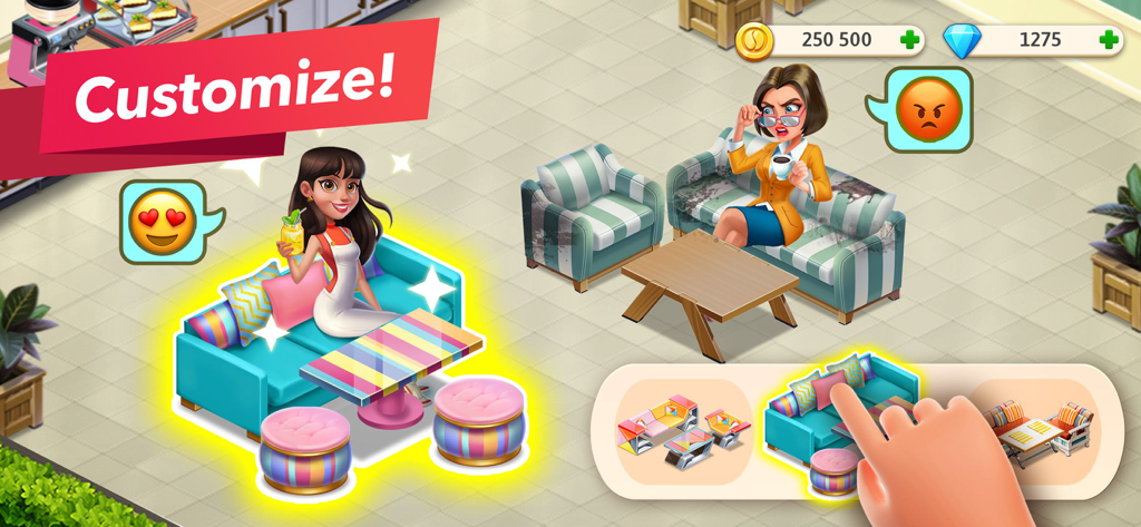 Gameplay screenshot of My Cafe showing furniture customization and restaurant makeover options