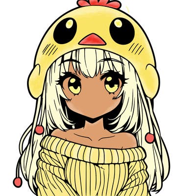 anime girl with chick shaped hat with sweater with bare shoulders with bangs covering them one eye with low tail