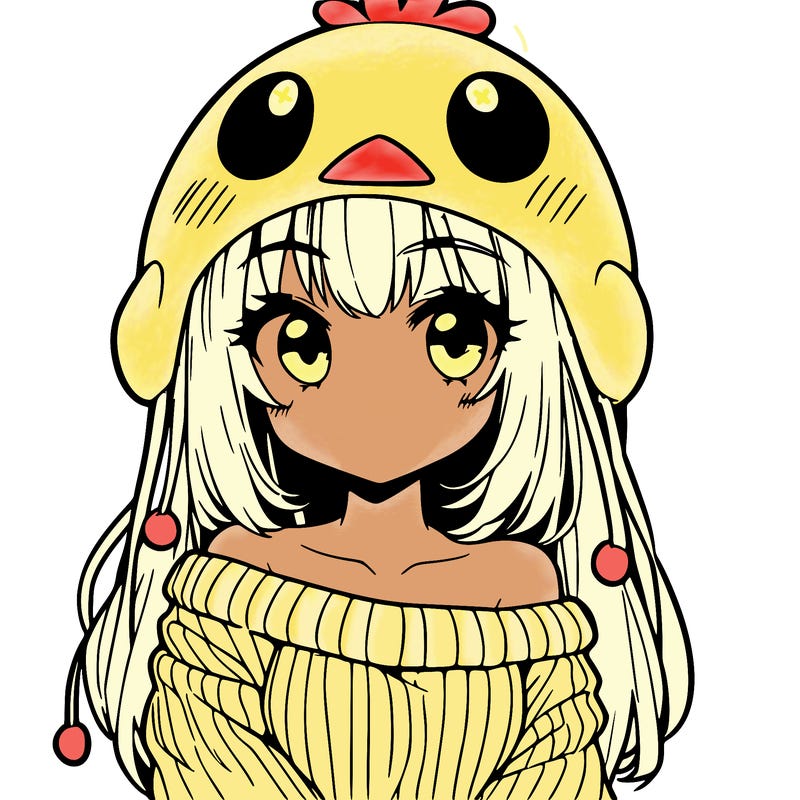 anime girl with chick shaped hat with sweater with bare shoulders with bangs covering them one eye with low tail