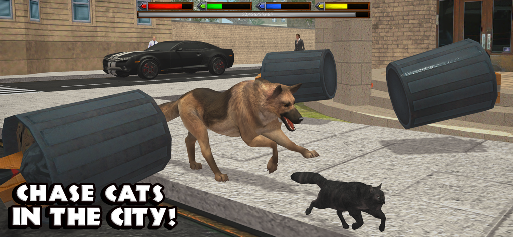 Ultimate Dog Simulator - A German Shepherd dog chasing a black cat on a city street in Ultimate Dog Simulator