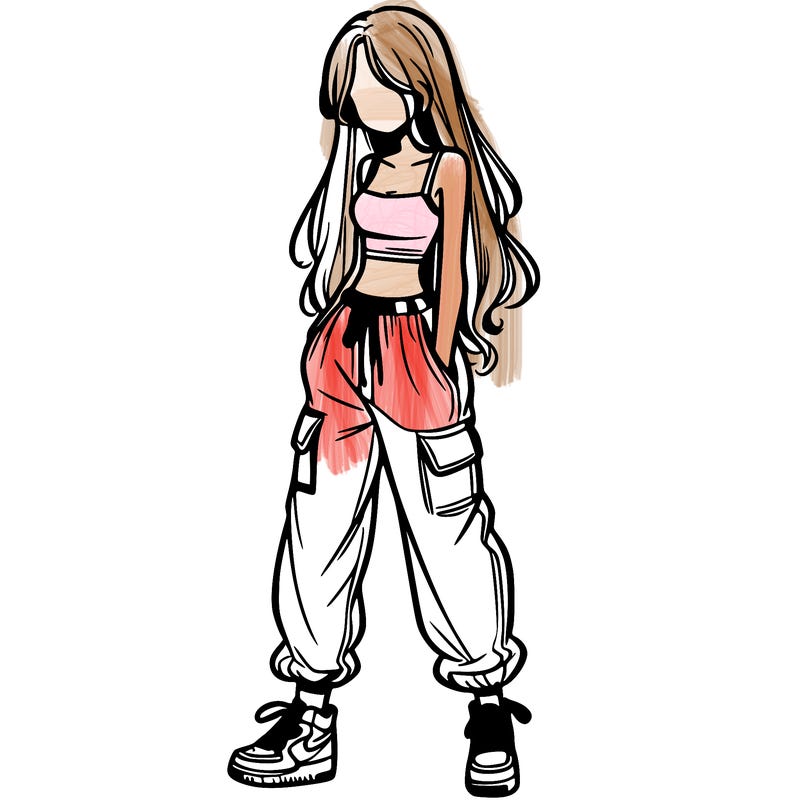 girl in baggy pants crop top and long hair