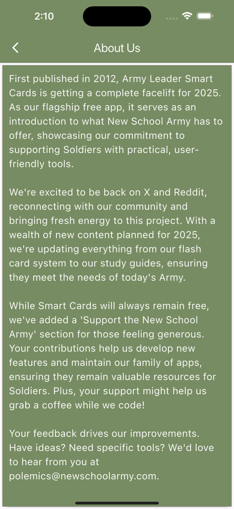 Army Leader Smart Cards - About Us screen of the Army Leader Smart Cards app describing its history and commitment to military professional development.