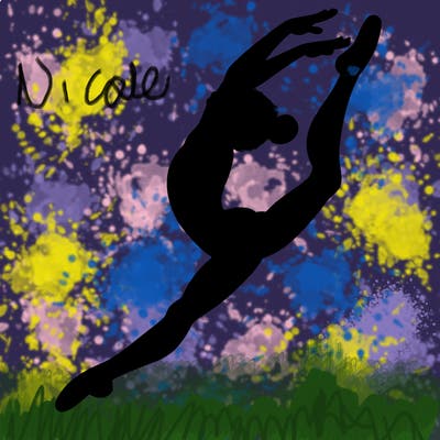 gymnast doing a leap in a leotard with a bent back leg