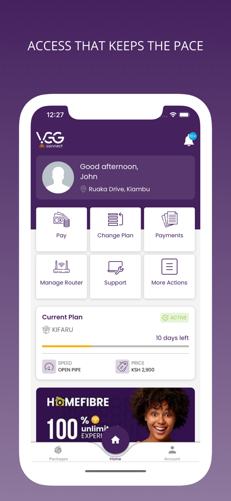 VGG Connect: Fibre Internet - Una pantalla de smartphone mostrando el panel de control de la aplicación VGG Connect con funciones de gestión del plan de internet