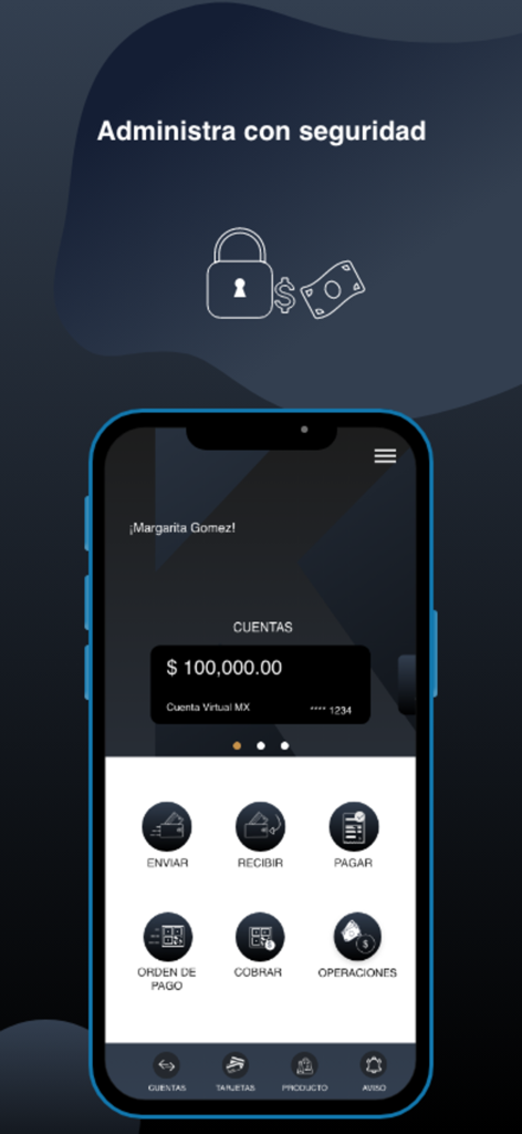Interfaz de la aplicación móvil Mi KASH que muestra el saldo de la cuenta e íconos de servicios financieros