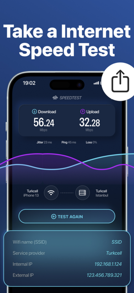 Aplicativo WiFi Tester e Network Analyzer exibindo resultados de teste de velocidade da internet para download e upload.