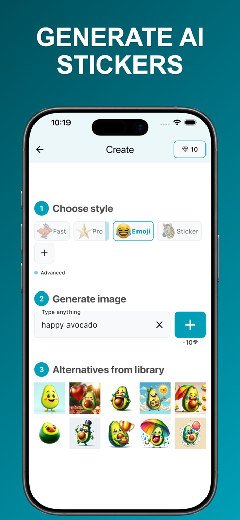 Sticker AI: Generate Anything - Interface of the Sticker AI app showing the process of generating a happy avocado sticker from a text prompt