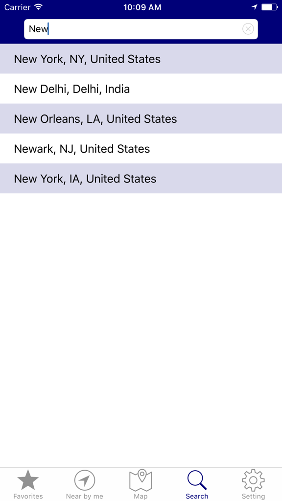ニューヨークやニューオーリンズの都市の提案を示す複数の気象予報アプリの検索インターフェース