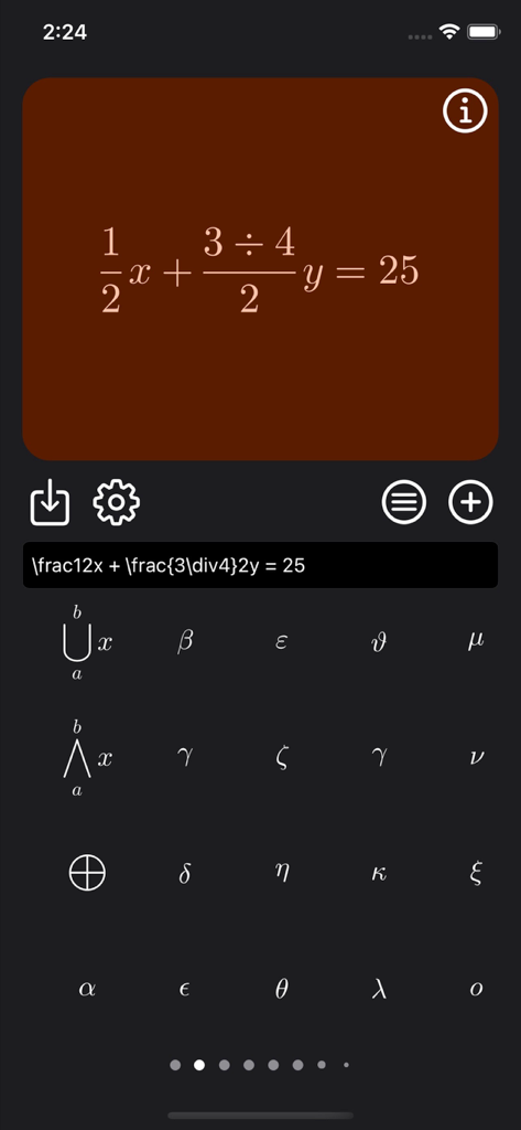 Latex Equation Editor - Interfaz de la aplicación móvil Editor de Ecuaciones LaTeX mostrando una fórmula matemática renderizada y una biblioteca de símbolos