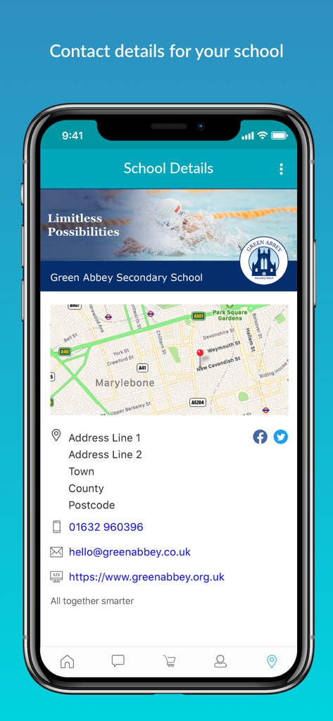 School Gateway - A mobile screen showing school contact information including address phone number and a map location within the School Gateway app