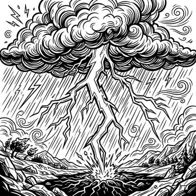 Witness the raw energy of nature with this intricate coloring page featuring a dramatic cloud-to-ground lightning strike. Dive into the heart of a tempest, bringing this powerful natural phenomenon to life with your colors.