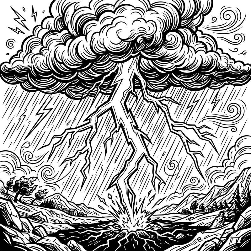 Witness the raw energy of nature with this intricate coloring page featuring a dramatic cloud-to-ground lightning strike. Dive into the heart of a tempest, bringing this powerful natural phenomenon to life with your colors.
