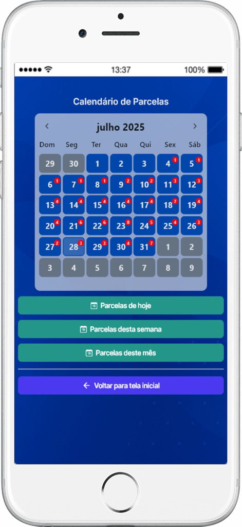 CredForte - Una interfaz de calendario en la aplicación CredForte que muestra las cuotas de pago programadas para el mes