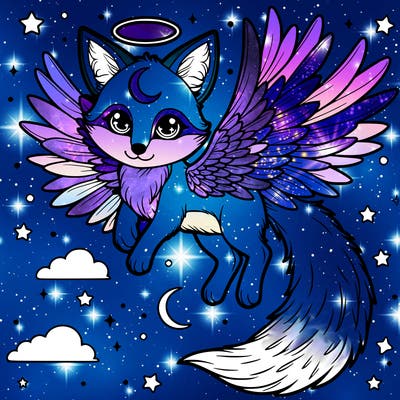 a realistic fox with moons on its wings halo ears and tail and is hovering in the sky and their are stars in it’s eyes