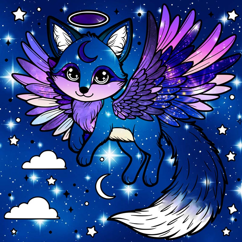 a realistic fox with moons on its wings halo ears and tail and is hovering in the sky and their are stars in it’s eyes