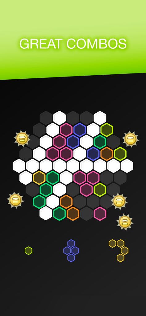 Hex FRVR - Hex FRVR puzzle game screen showing colorful blocks on a hexagonal grid and great combos text