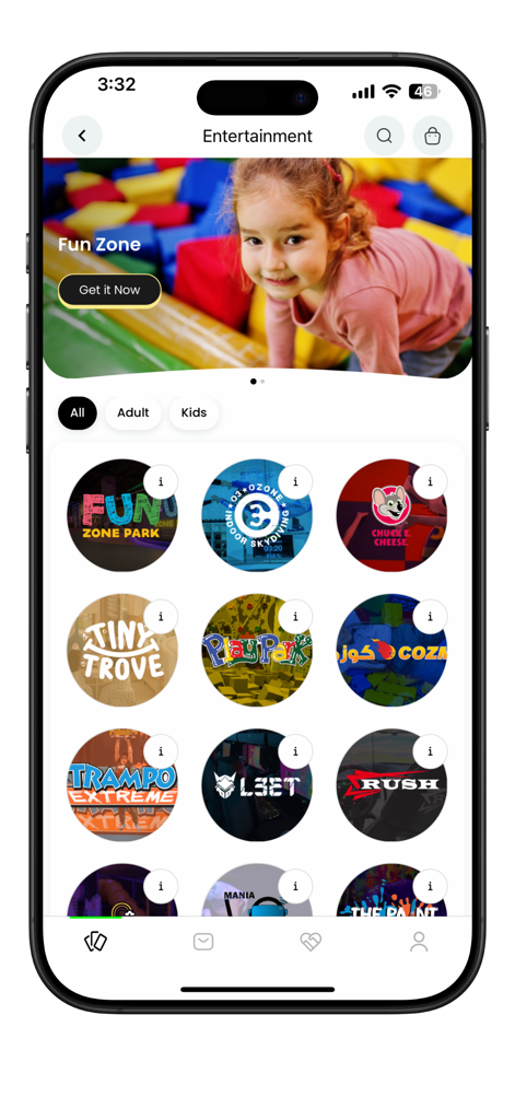iCards World - iCards World app entertainment section featuring amusement parks and kids play area gift cards