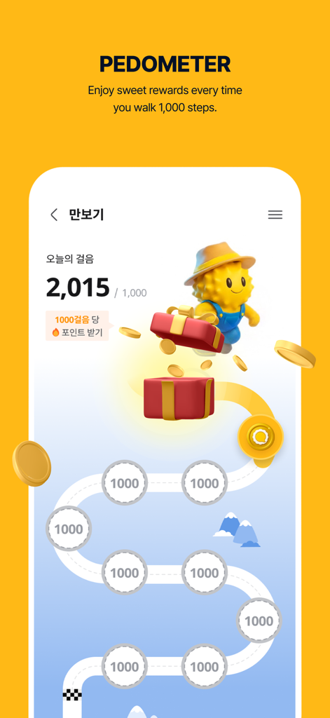 Doorian Global app pedometer screen showing step tracking and reward milestones