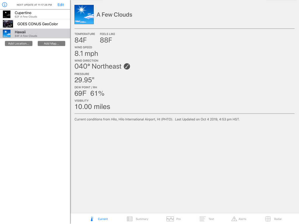 Wx for iPad - La aplicación Wx para iPad muestra condiciones meteorológicas actuales detalladas para Hawái.