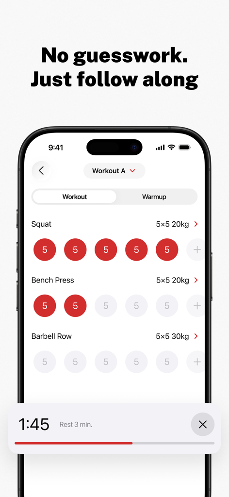 Interfaz de entrenamiento de la aplicación Stronglifts 5x5 que muestra series para sentadillas y press de banca con un temporizador de descanso.