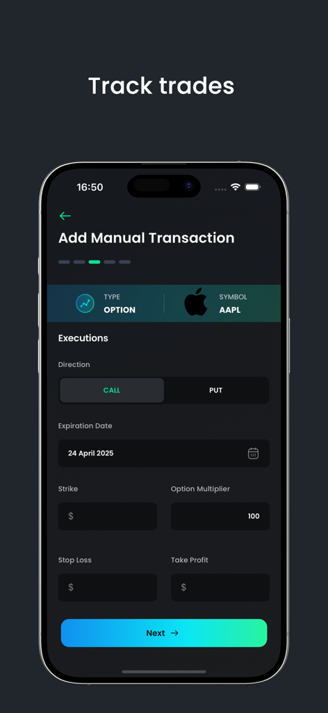 TradeReview: Trading Journal - Interface for adding a manual options trade in the TradeReview app showing entry fields for AAPL stock.