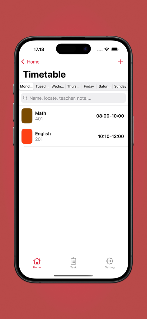 School Timetable & Task - A mobile phone displaying a school timetable for Monday with color coded classes for Math and English