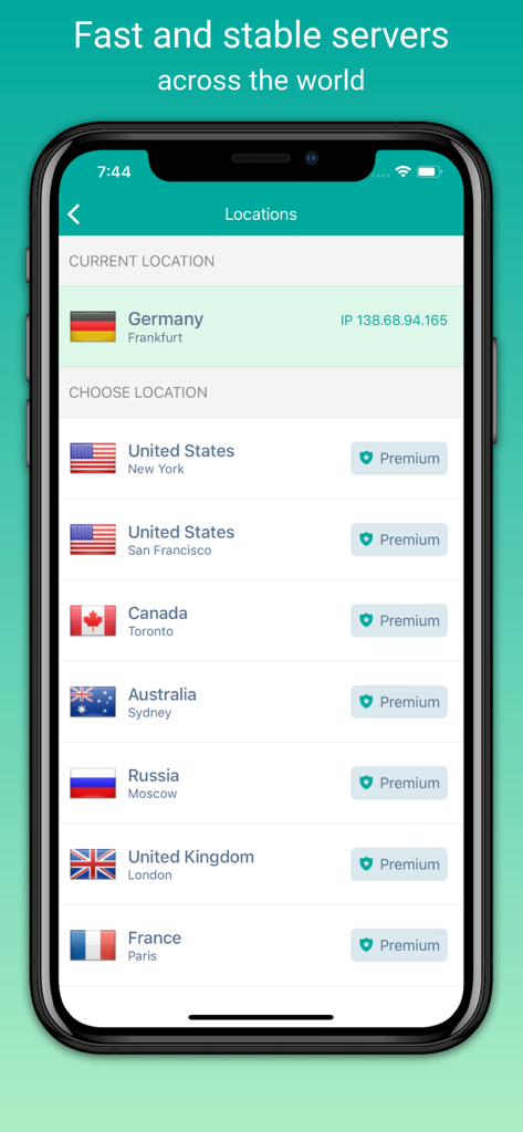 Cheap VPN - Fast Secure Proxy - Cheap VPN App-Oberfläche mit einer Liste schneller und stabiler internationaler Serverstandorte wie USA, Kanada und UK