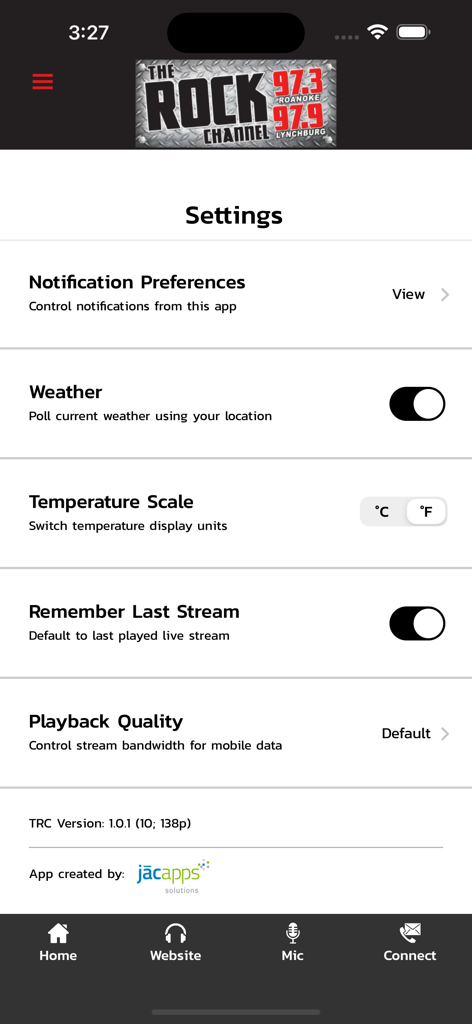 The Rock Channel - The Rock Channel app settings screen showing options for notifications, weather, and playback quality