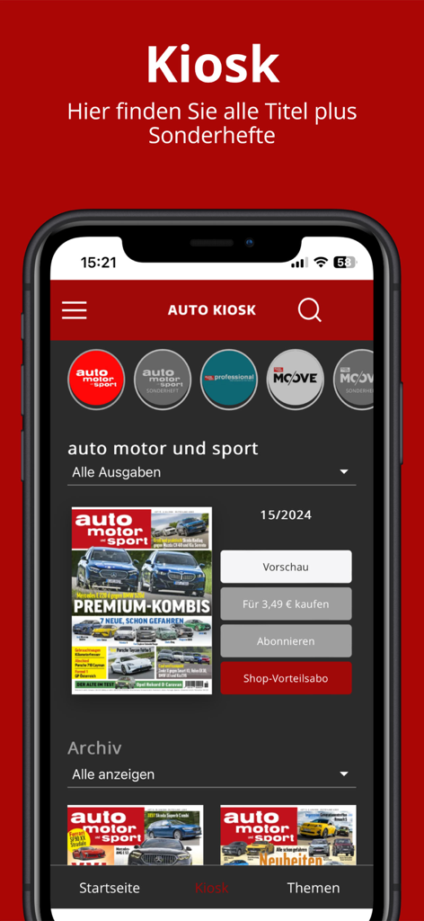 Interfaccia dell'app mobile Auto Kiosk che mostra vari titoli di riviste automobilistiche e opzioni di abbonamento digitale