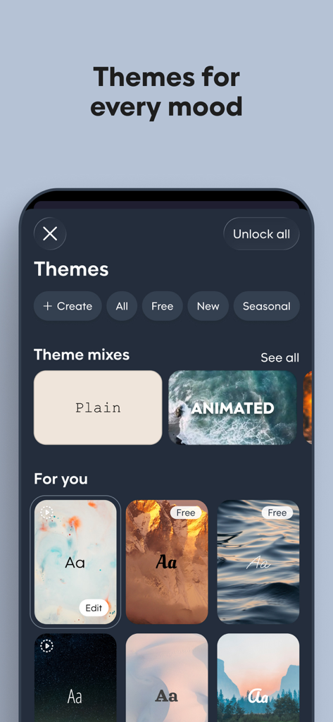 毎日の名言のための美しい背景を特徴とする、モチベーションアプリのテーマ選択画面。