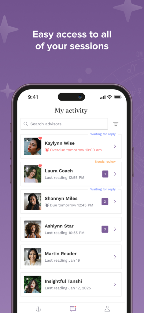 Purple Ocean Psychic Reading - Purple Ocean app activity screen displaying a list of current and past psychic reading sessions with various advisors