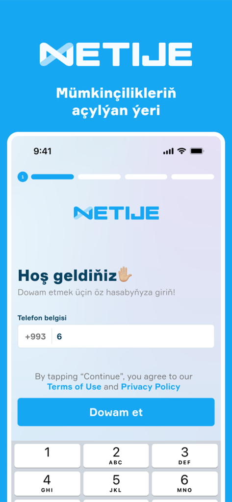 Netije - Netije mobile app login screen with a phone number input field and a continue button