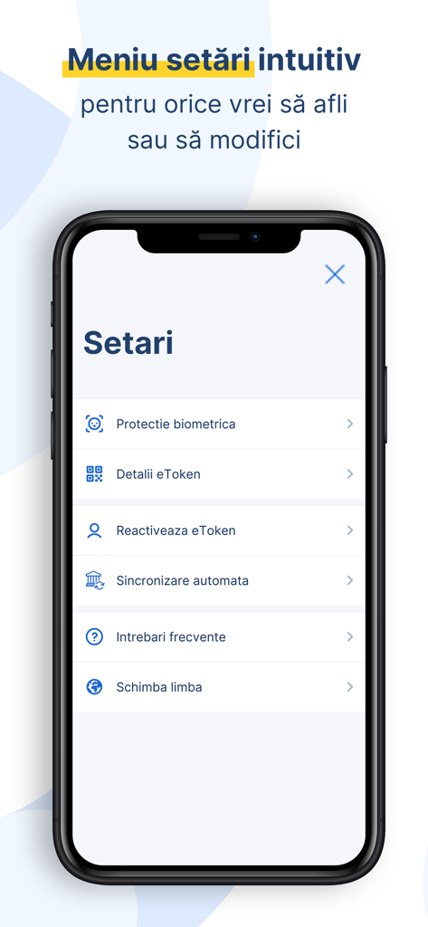 Settings menu of the eToken BCR mobile app showing security and configuration options