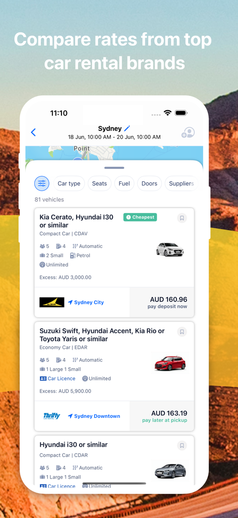 VroomVroomVroom 앱에서 가격과 차량 옵션을 보여주는 렌터카 검색 결과