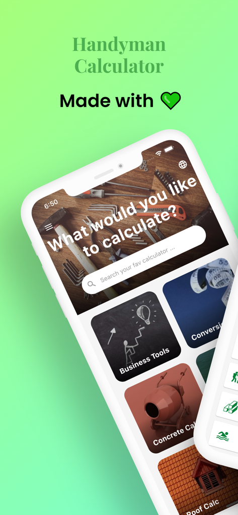 Pantalla de inicio de la aplicación Calculadora de Construcción Pro mostrando diferentes categorías de cálculo para proyectos de construcción