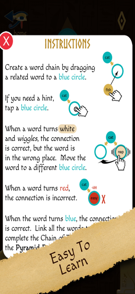 Écran d'instructions pour le jeu d'association de mots Chain Of Thought 2 expliquant comment jouer et connecter les mots.