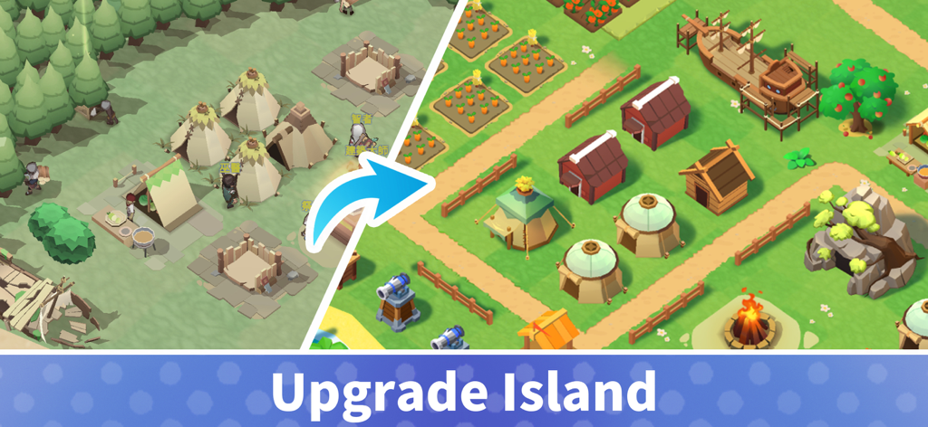 Comparison of a primitive camp and a developed survivor village with a ship and farms