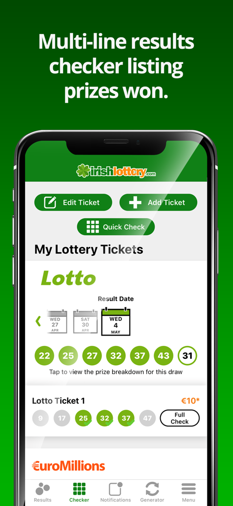 Aplicación Irish Lottery mostrando el comprobador de resultados de múltiples líneas con números ganadores y premios